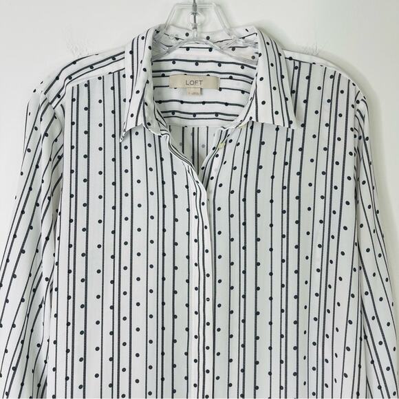 Loft black white striped polka dot chiffon preppy office button front top large - Picture 2 of 6